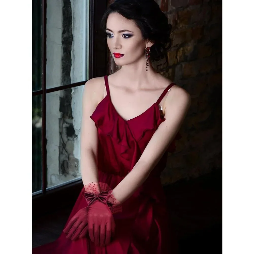 Women's Short Burgundy Bow Lace Gloves Party Elegant Opera Wedding Accessories